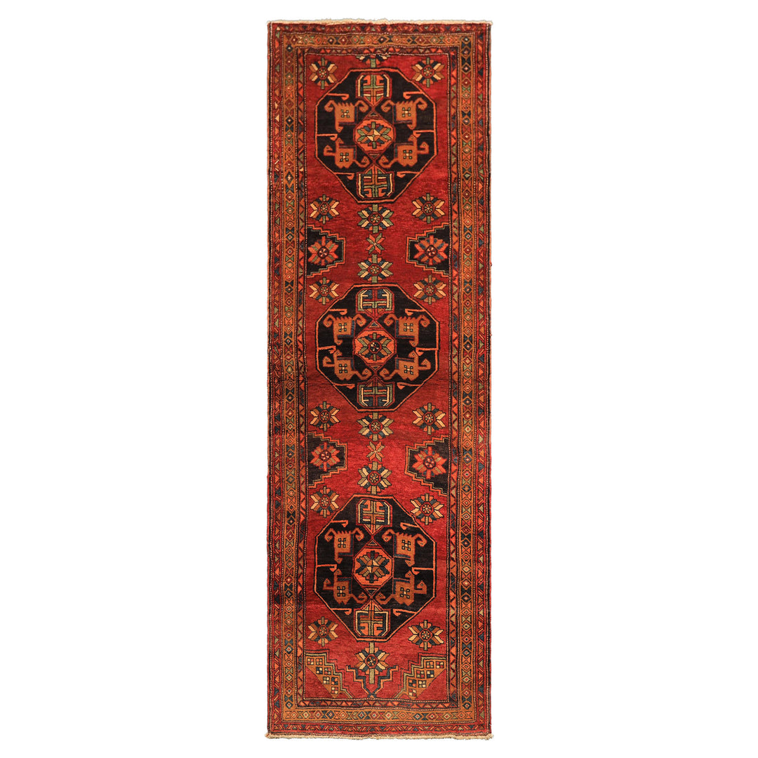 Runner Rust, Gold, Charcoal Color Hand Knotted Kurdish Hamadan Wool Traditional Oriental Rug