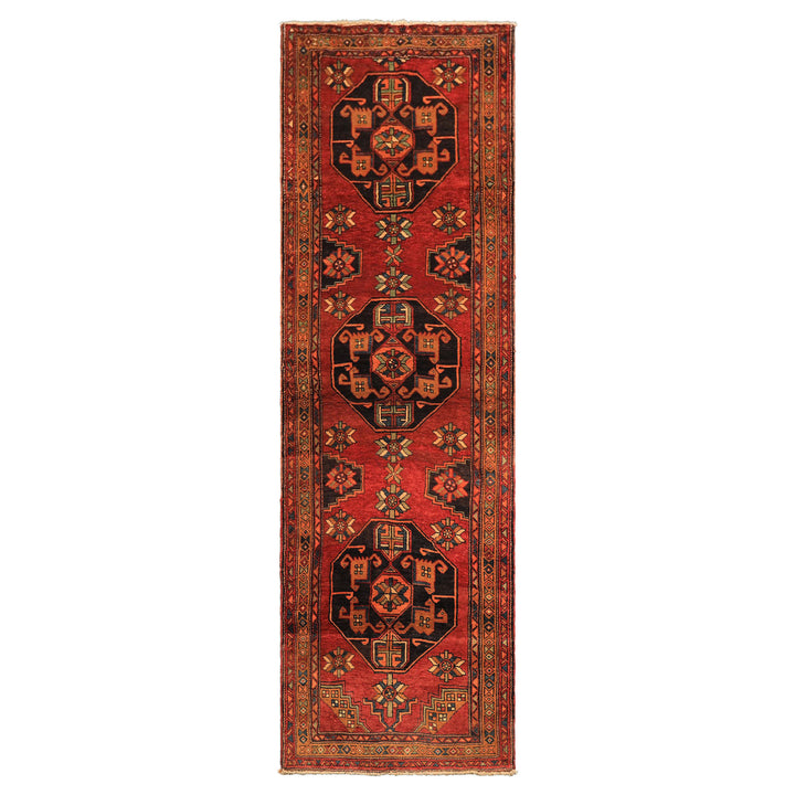 Runner Rust, Gold, Charcoal Color Hand Knotted Kurdish Hamadan Wool Traditional Oriental Rug