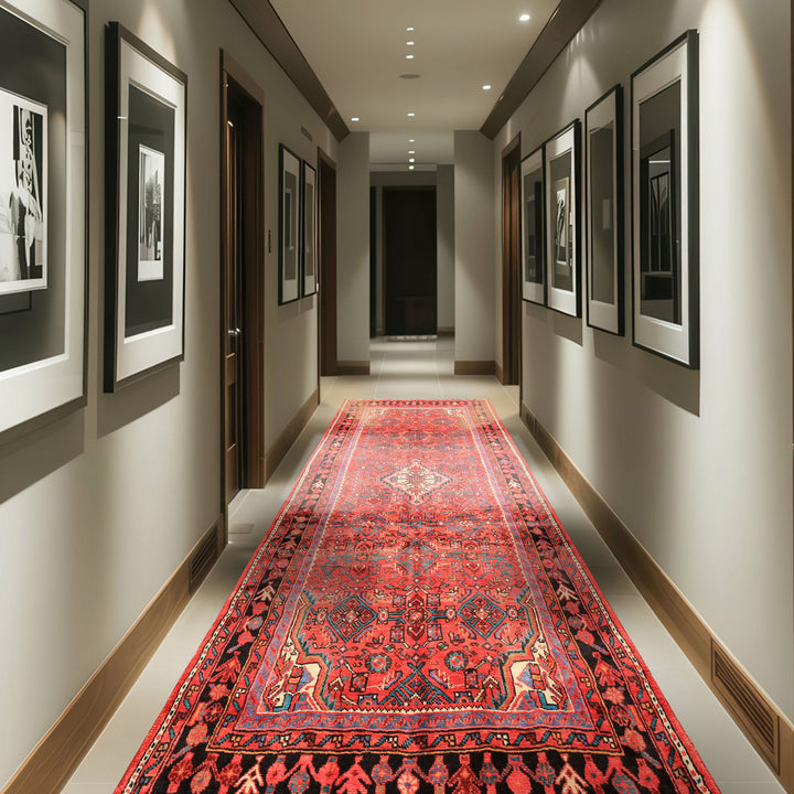 Runner Red, Rose, Charcoal Color Hand Knotted Heriz Wool Traditional Oriental Rug