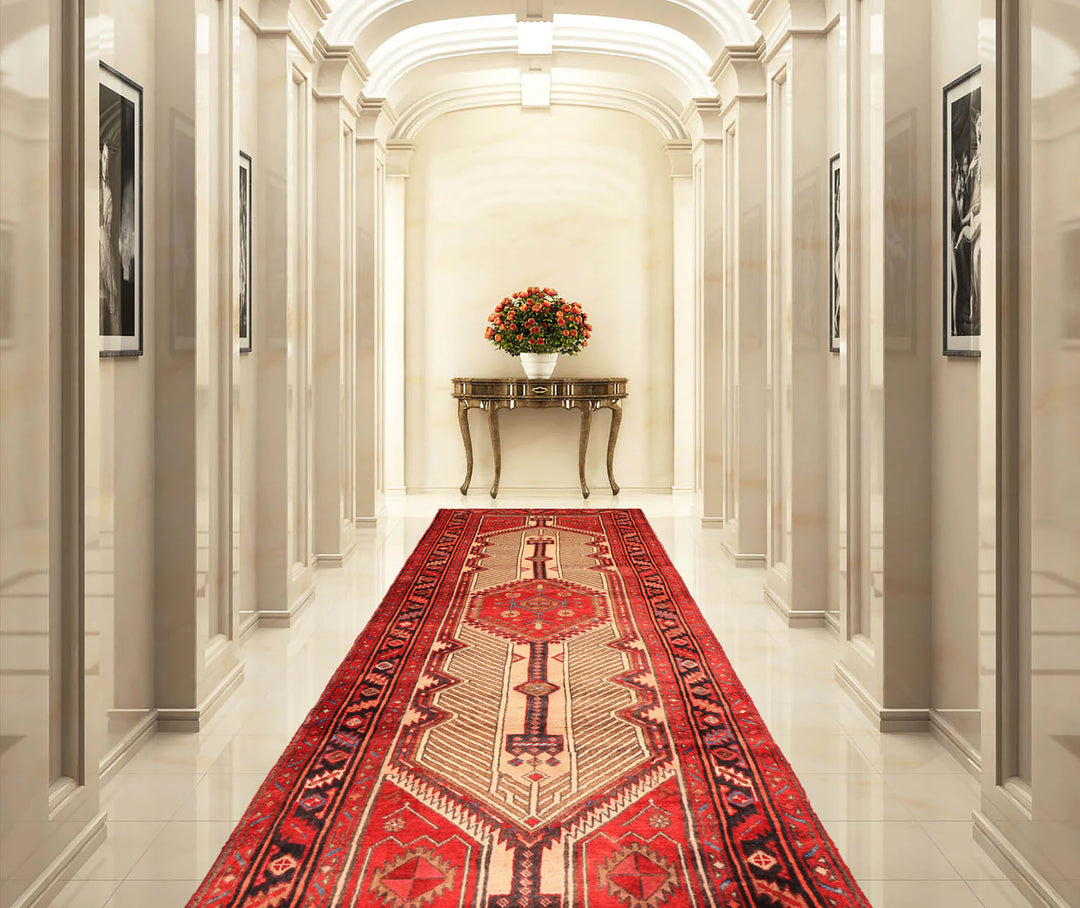 Runner Beige, Red, Rose Color Hand Knotted Heriz Wool Traditional Oriental Rug