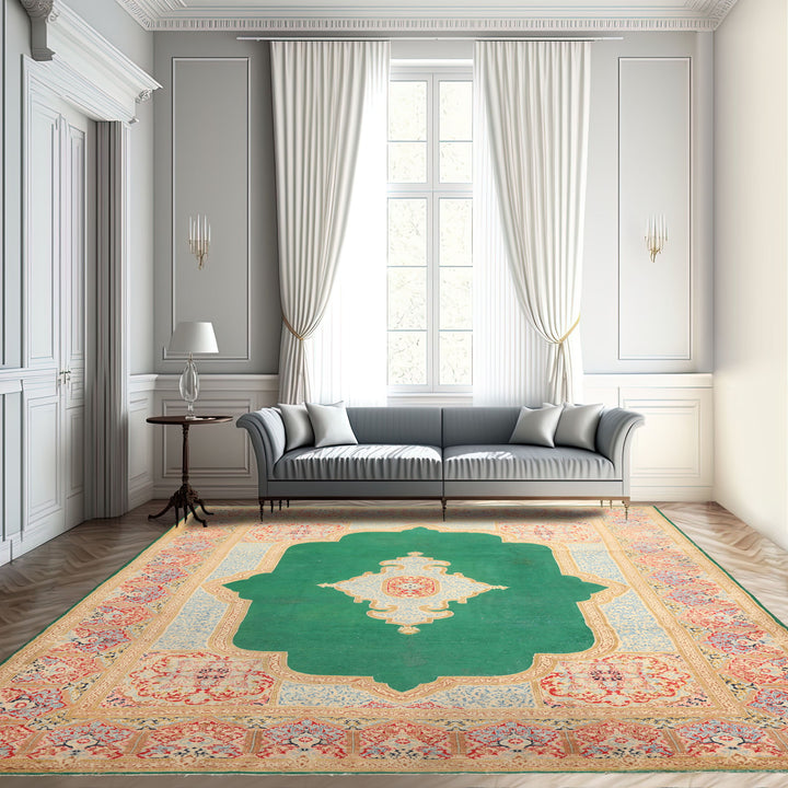 9x12 Green, Ivory, Rose Color Hand Knotted Kerman Wool Traditional Oriental Rug