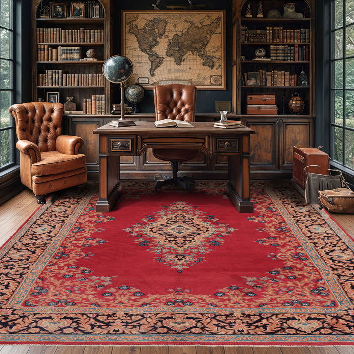 7x10 Red, Navy, Aqua Color Hand Knotted Kerman Wool Traditional Oriental Rug