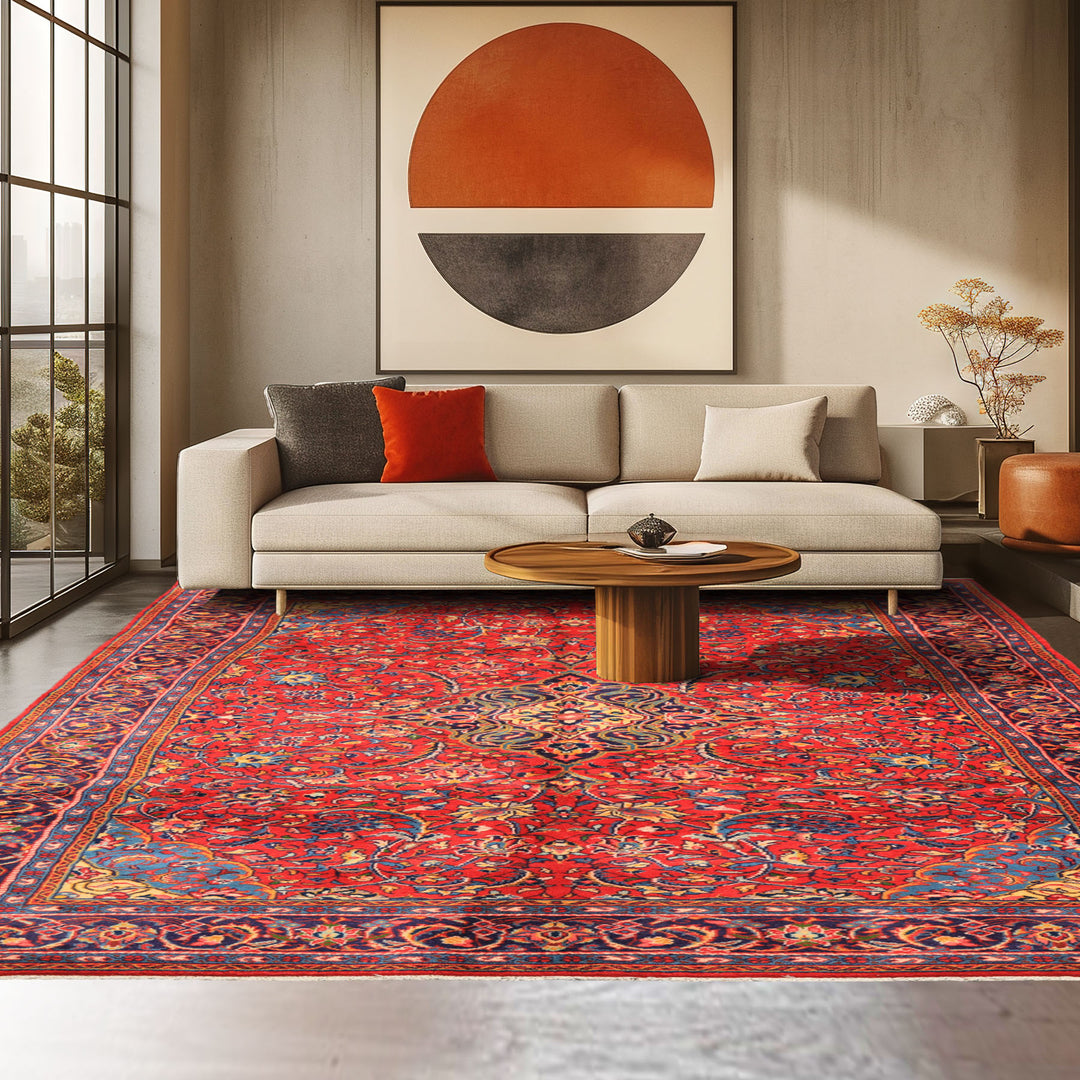 7x11 Red, Navy, Gold Color Hand Knotted Sarouk Wool Traditional Oriental Rug