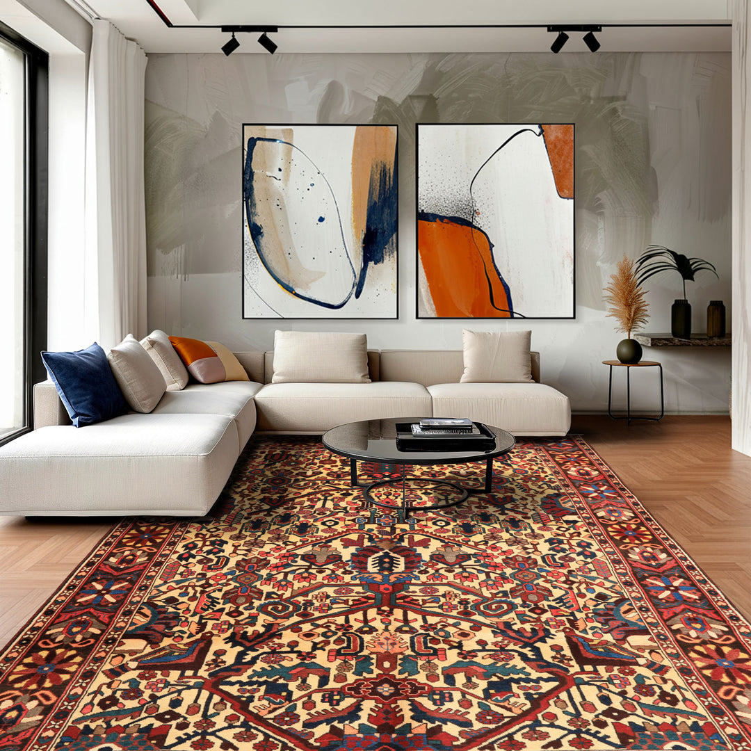 7x10 Ivory, Chocolate, Navy Color Hand Knotted Char Mahal Bhaktiari Wool Traditional Oriental Rug