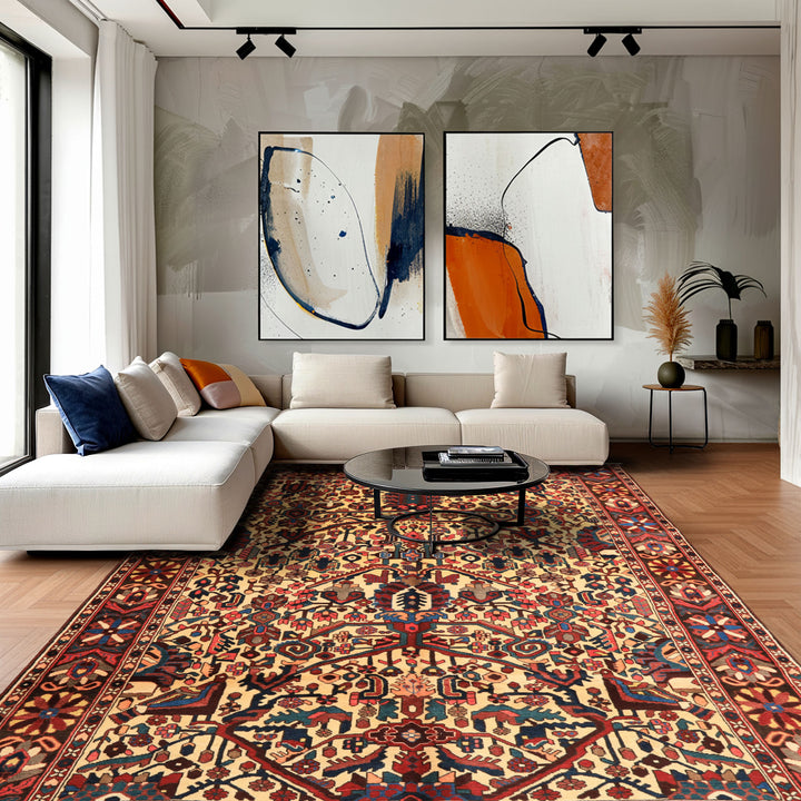 7x10 Ivory, Chocolate, Navy Color Hand Knotted Char Mahal Bhaktiari Wool Traditional Oriental Rug