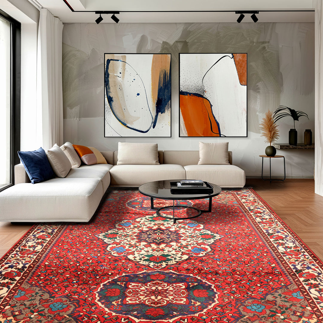 7x10 Red, Ivory, Blue Color Hand Knotted Ghom Wool Traditional Oriental Rug