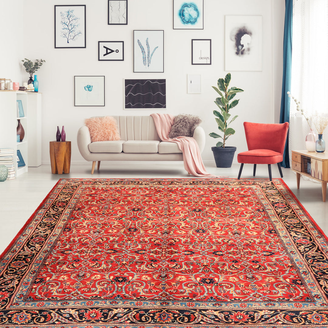 7x10 Red, Midnight Blue, Orange Color Hand Knotted Kashmar Wool Traditional Oriental Rug
