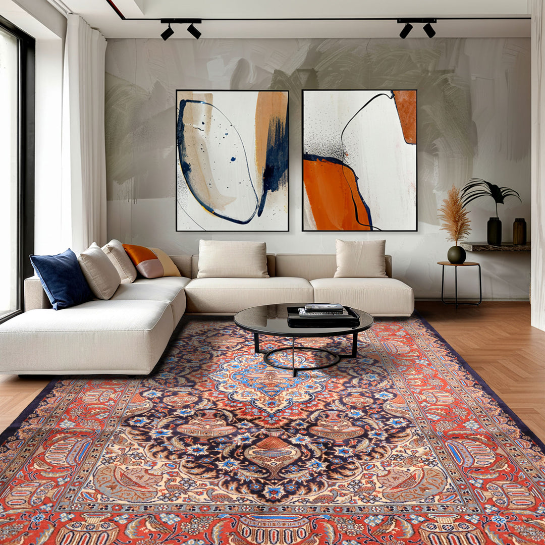 6x9 Navy, Burnt Orange, Ivory Color Hand Knotted Kashmar Wool Traditional Oriental Rug