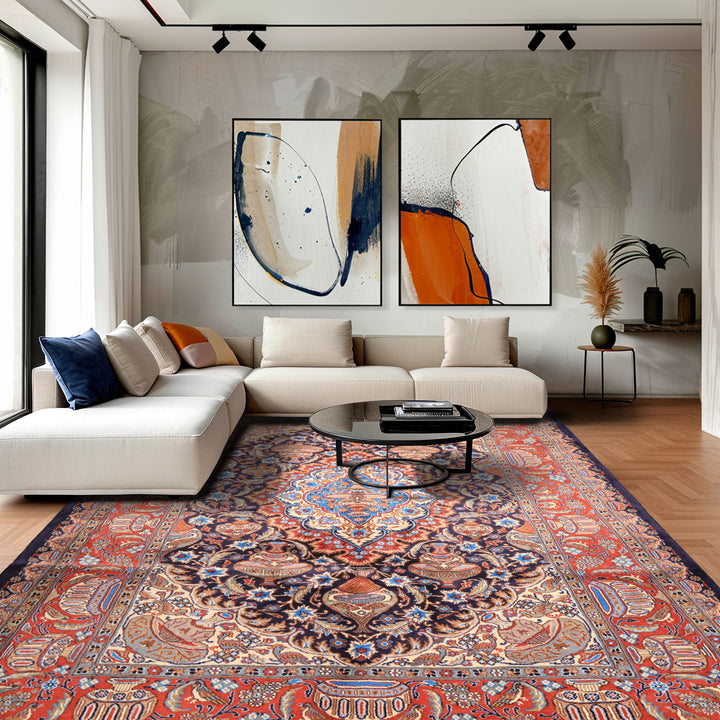 6x9 Navy, Burnt Orange, Ivory Color Hand Knotted Kashmar Wool Traditional Oriental Rug