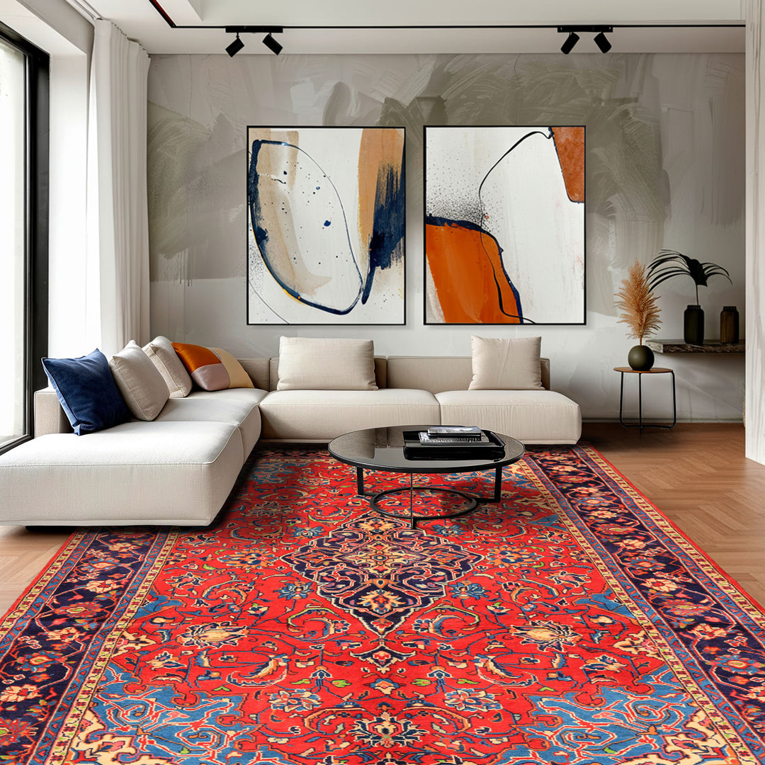 7x11 Red, Navy, Ivory Color Hand Knotted Sarouk Wool Traditional Oriental Rug