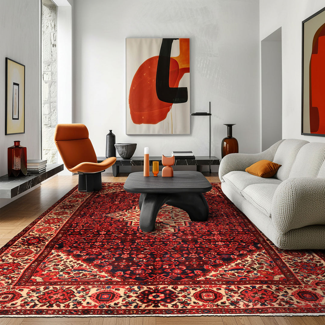 7x11 Midnight Blue, Ivory, Red Color Hand Knotted Hamadan Wool Traditional Oriental Rug