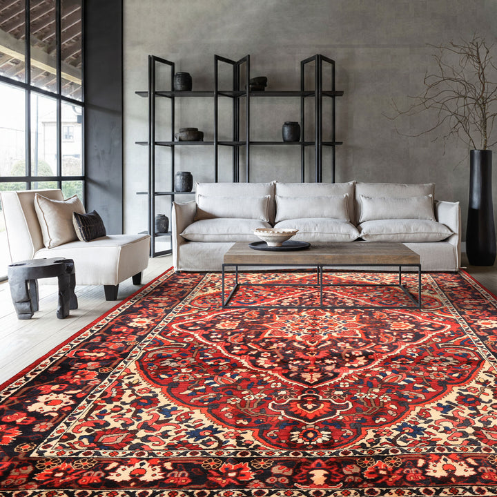 7x10 Rust, Ivory, Midnight Blue Color Hand Knotted Bakhtiari Wool Traditional Oriental Rug
