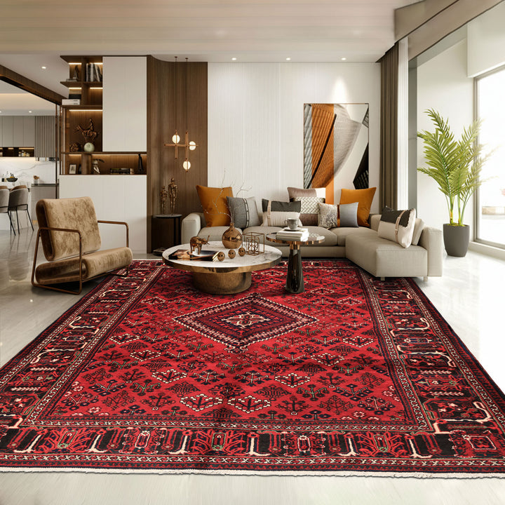 7x10 Burgundy, Charcoal, Ivory Color Hand Knotted Meimeh Wool Traditional Oriental Rug