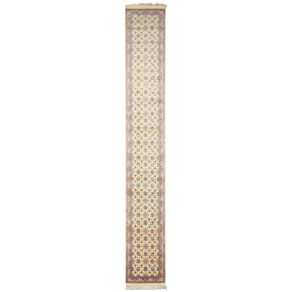 Runner Ivory, Rose, Blue Color Hand Knotted Kashan Wool Traditional Oriental Rug
