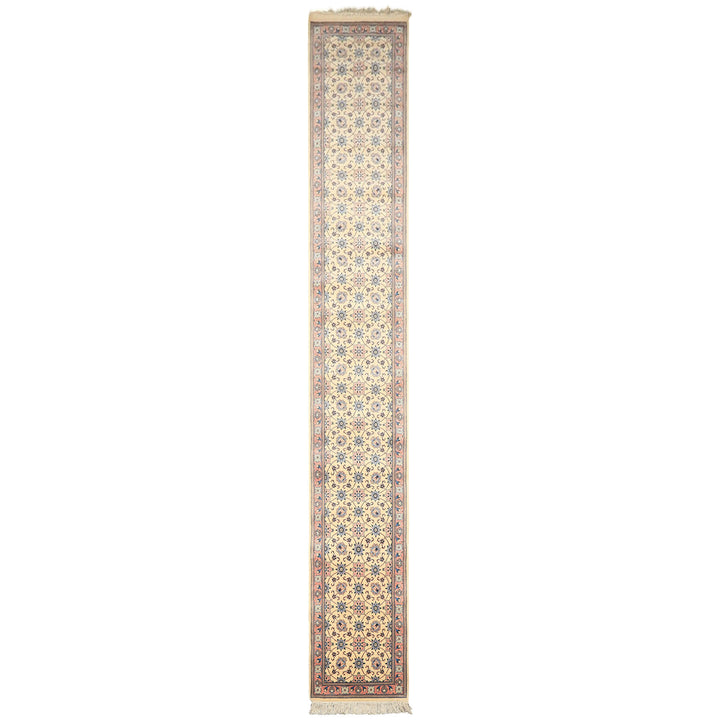 Runner Ivory, Rose, Blue Color Hand Knotted Kashan Wool Traditional Oriental Rug