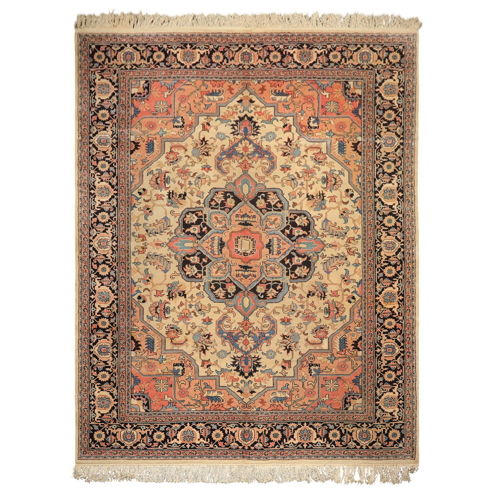 9x12 Ivory, Charcoal, Peach Color Hand Knotted Serapi Wool Traditional Oriental Rug