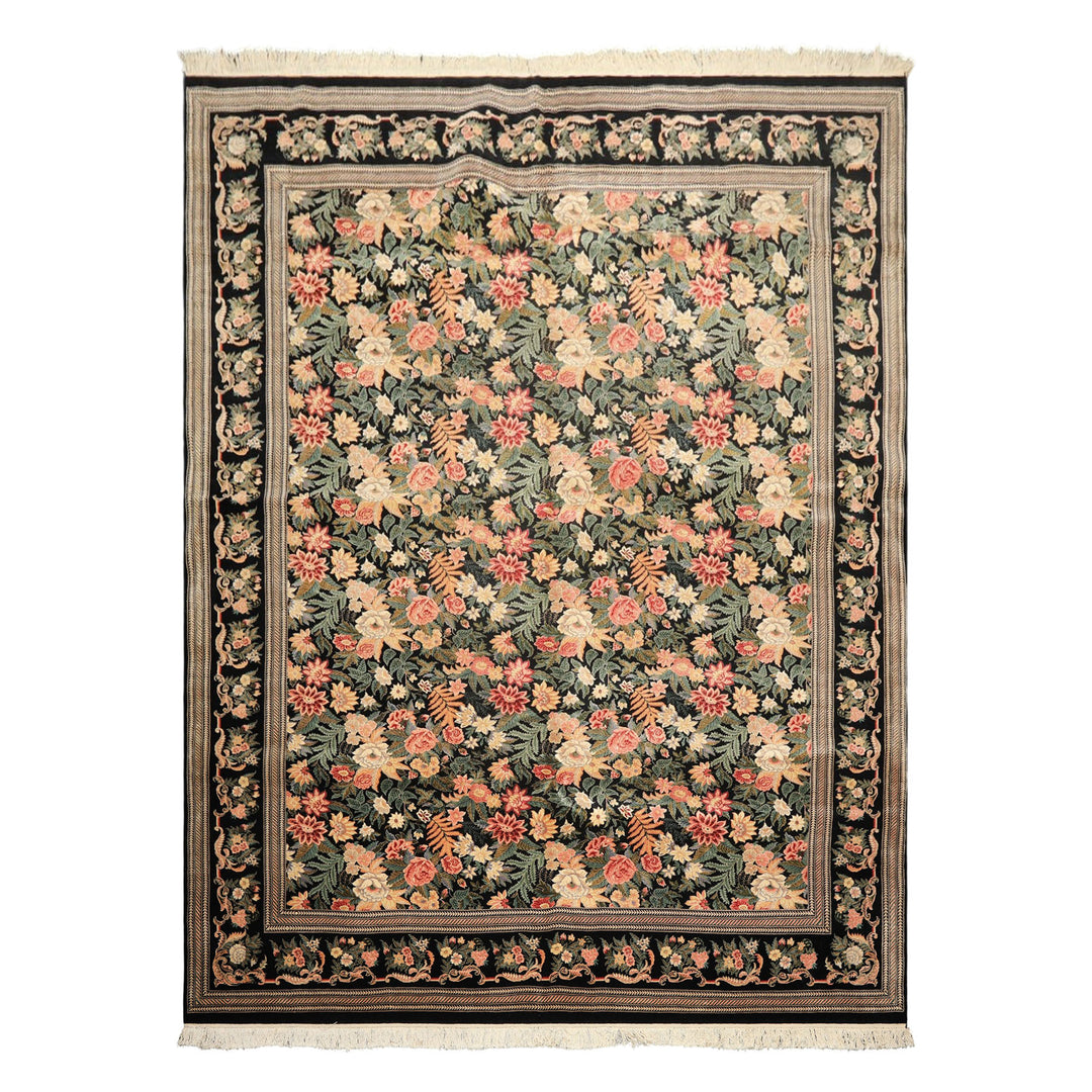 9x12 Black, Ivory, Rose Color Hand Knotted Pak Persian Wool &amp; Silk Traditional Oriental Rug