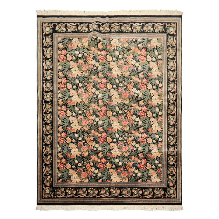 9x12 Black, Ivory, Rose Color Hand Knotted Pak Persian Wool &amp; Silk Traditional Oriental Rug