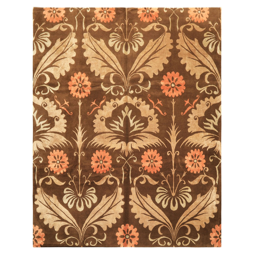 8x10 Brown, Tan, Peach Color Hand Knotted Tibetan Wool & Pure Silk Traditional Oriental Rug