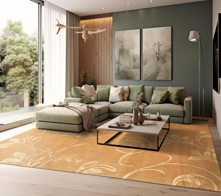 Celeste Rugs 8x10 Hand Knotted Premium Tibetan Transitional Embossed Tibetano Designer Botanical Motifs Tone on Tone Gold Wool Pure Silk Area Rug