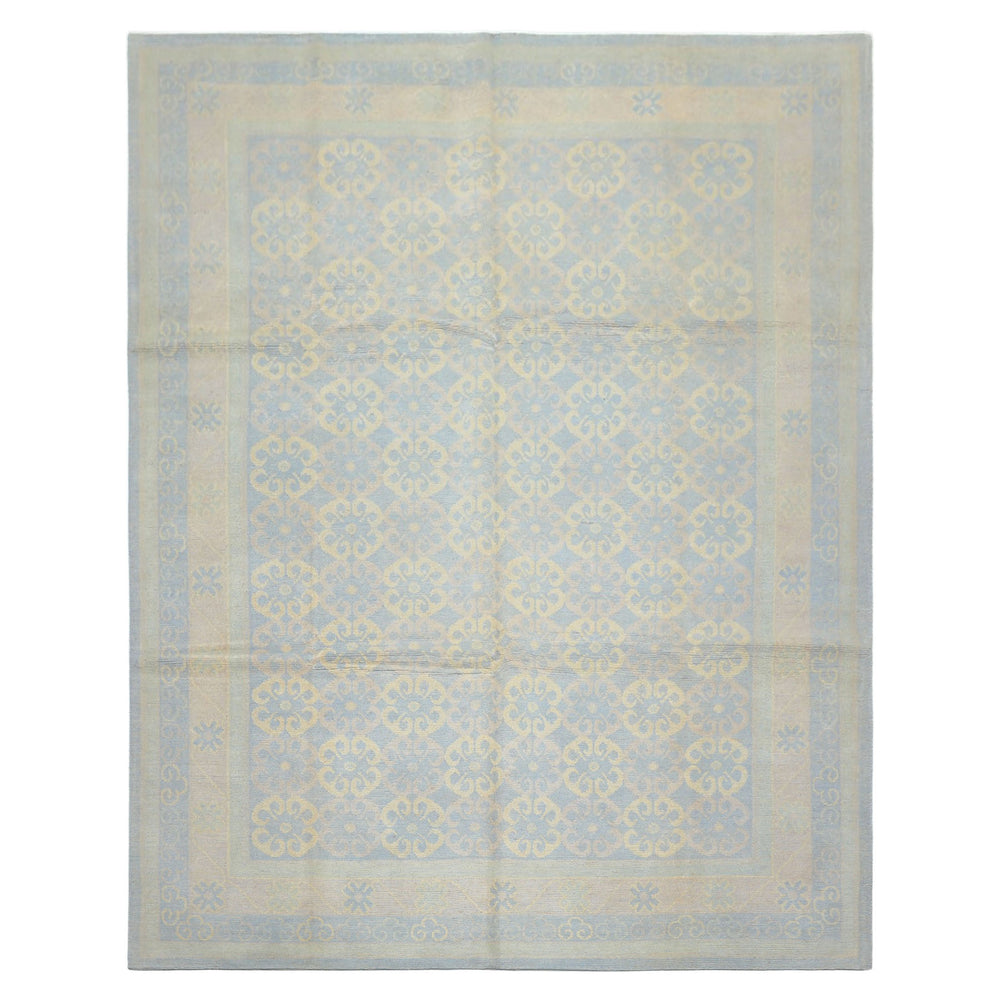 8x10 Blue, Ivory, Seafoam Color Hand Knotted Tibetan Wool Transitional Oriental Rug
