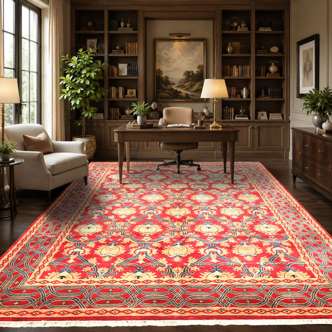 8x10 Red, Navy, Gold Color Hand Knotted Agra Wool Traditional Oriental Rug
