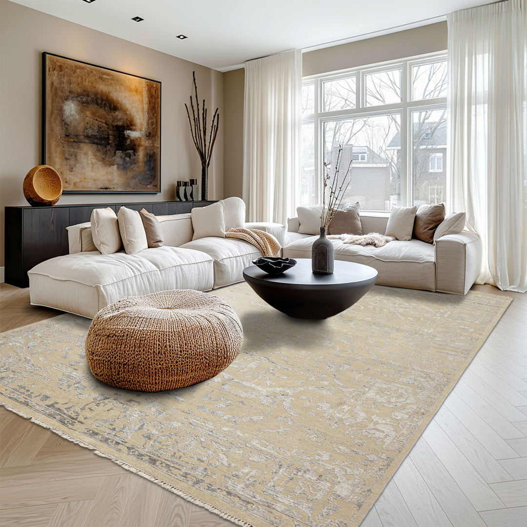 8x10 Beige, Gray, Color Hand Knotted Oushak Wool &amp; Bamboo Silk Modern &amp; Contemporary Oriental Rug