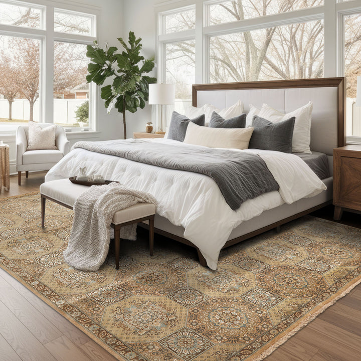 8x10 Beige, Tan, Turqoiuse Color Hand Knotted Bakhtiari Wool &amp; Silk Transitional Oriental Rug