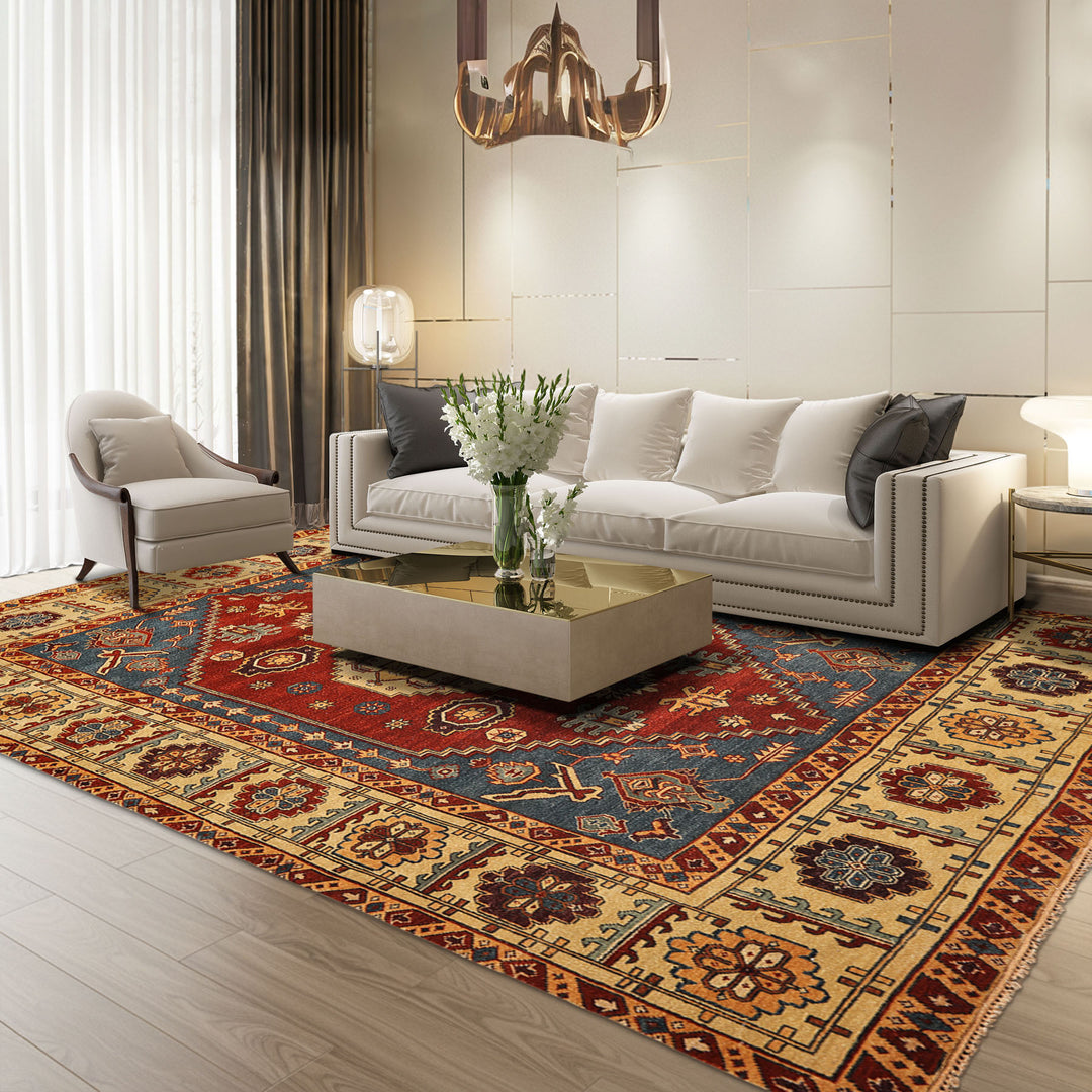 8x10 Rust, Light Gold, Blue Color Hand Knotted Oushak Wool Transitional Oriental Rug