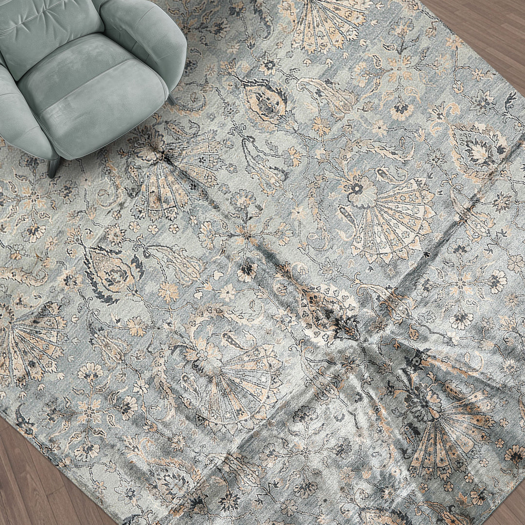 8x10 Aqua, Taupe, Beige Color Hand Knotted Tibetan Bamboo Silk Transitional Oriental Rug