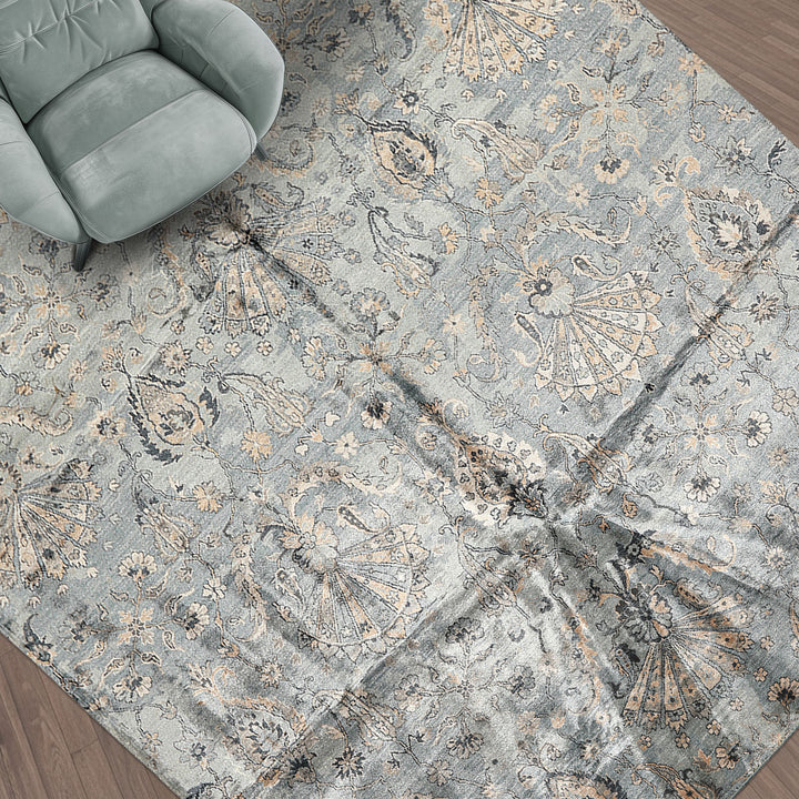 8x10 Aqua, Taupe, Beige Color Hand Knotted Tibetan Bamboo Silk Transitional Oriental Rug
