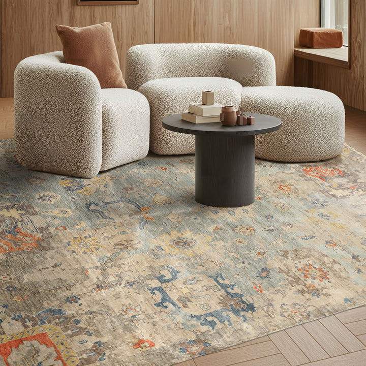 6x9 Celadon, Beige, Orange Color Hand Knotted Indo Oushak Wool Traditional Oriental Rug