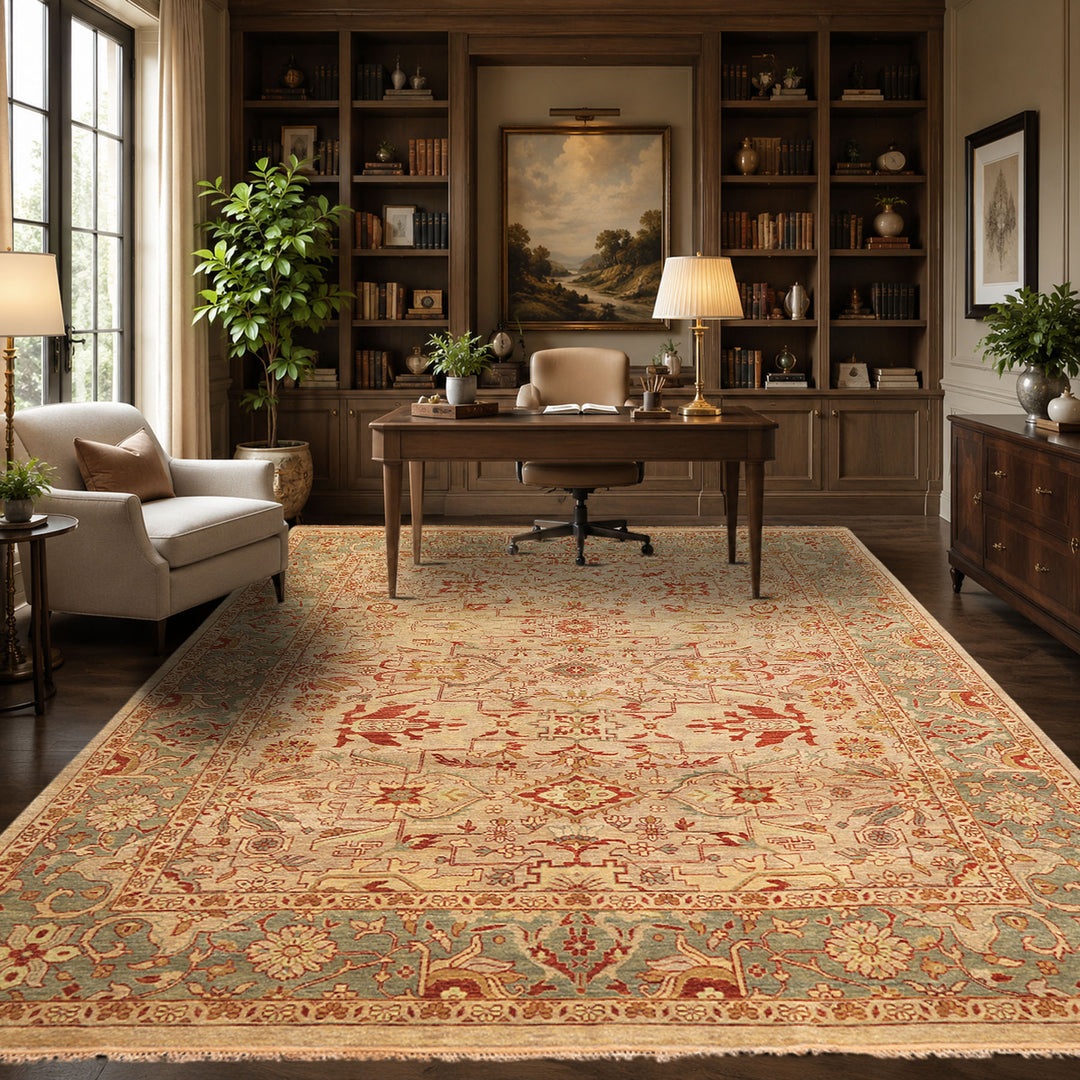 8x10 Beige, Celadon, Rust Color Hand Knotted Oushak Wool Traditional Oriental Rug