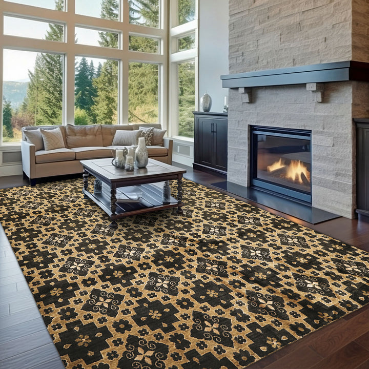 8x10 Tan, Charcoal, Color Hand Knotted Tibetan Wool Transitional Oriental Rug