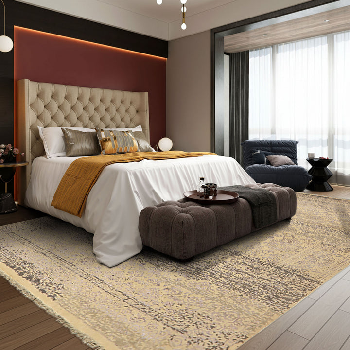 8x10 Vanilla, Taupe, Moss Color Hand Knotted Oushak Wool &amp; Bamboo Silk Transitional Oriental Rug