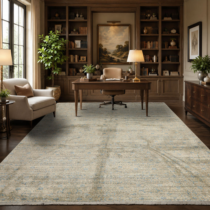 8x10 Beige, Gray, Aqua Color Hand Loomed Oushak Wool &amp; Bamboo Silk Transitional Oriental Rug