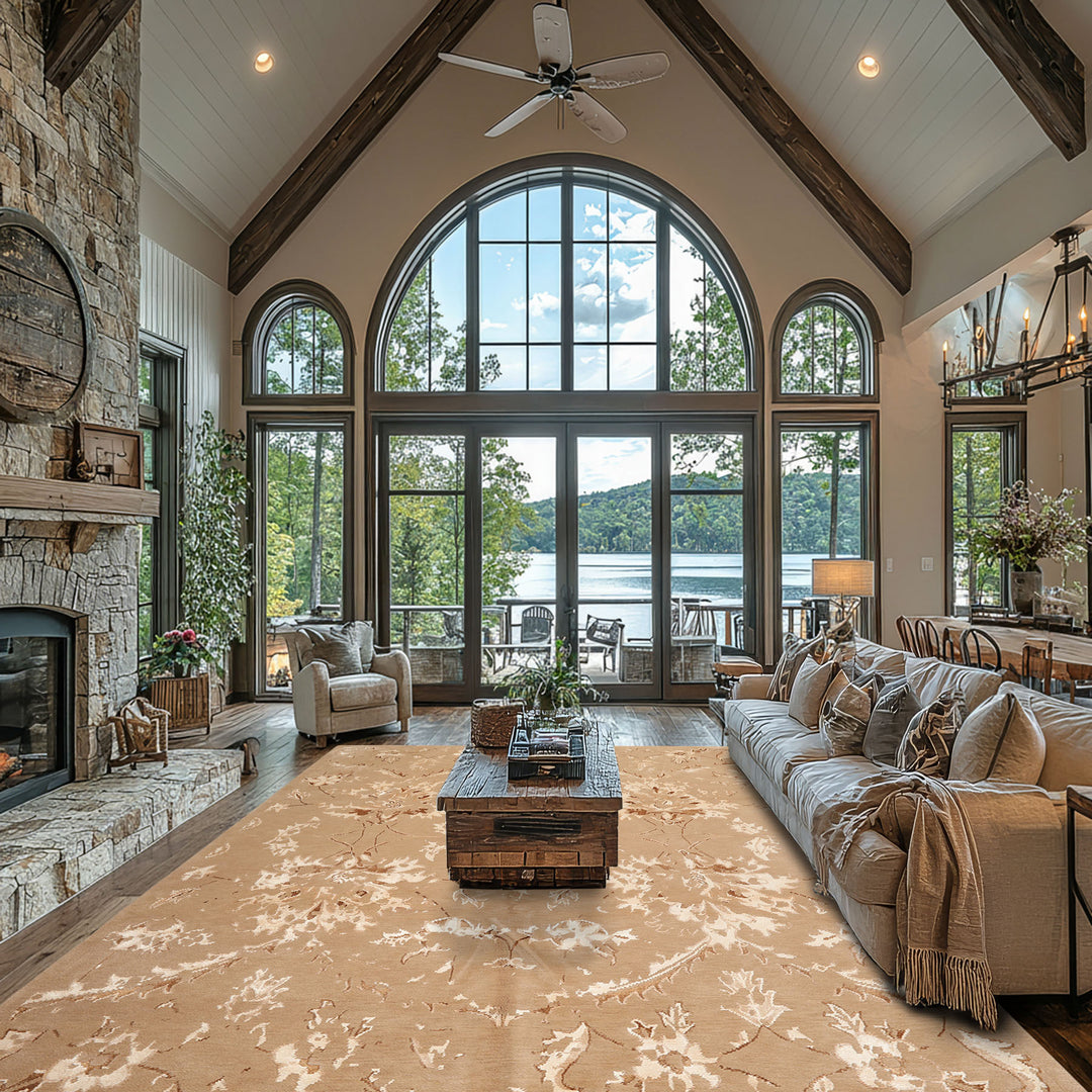 8x11 Beige, Tan, Ivory Color Hand Knotted Tibetan Wool &amp; Bamboo Silk Transitional Oriental Rug