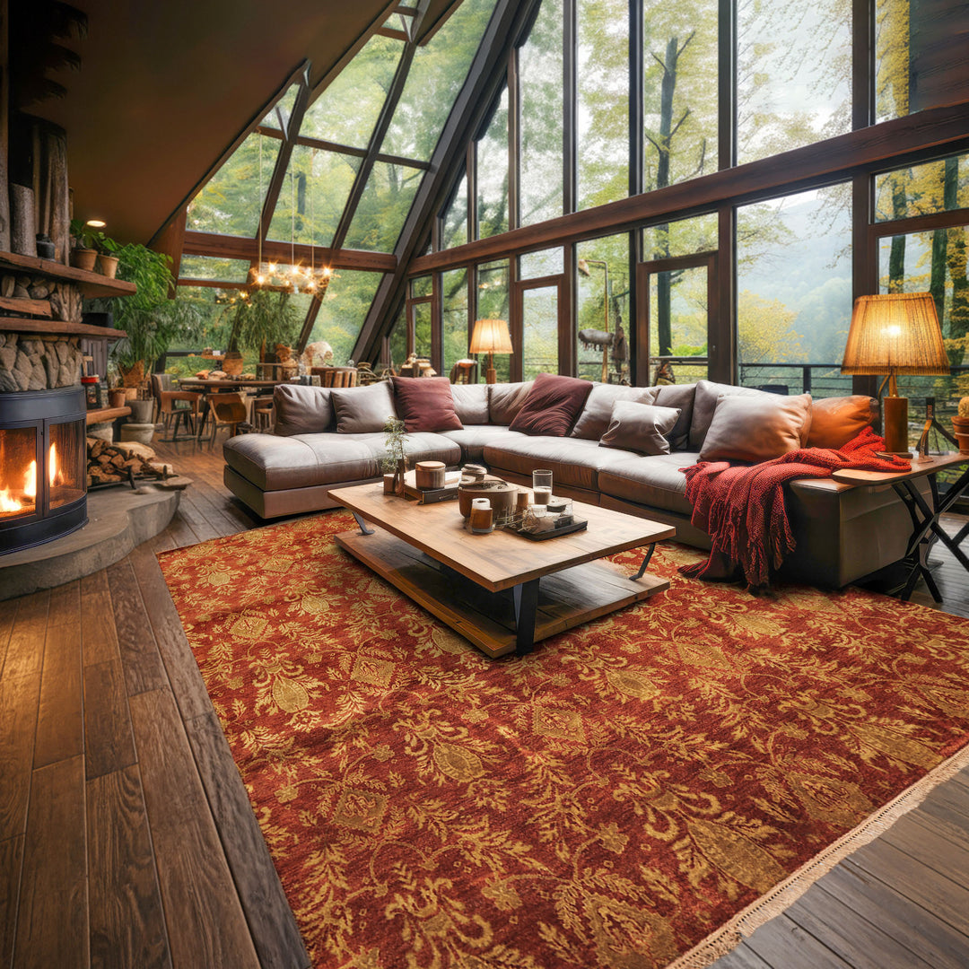 Multi Size Burnt Orange Gold Color Hand Knotted Agra Wool Transitional Oriental Rug