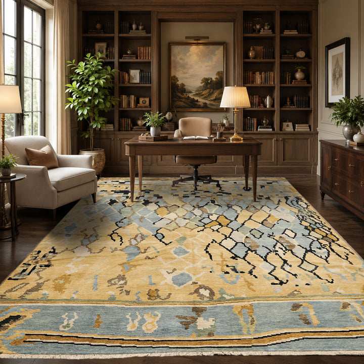 8x10 Light Gold, Aqua, Black Color Hand Knotted Oushak Wool Modern &amp; Contemporary Oriental Rug