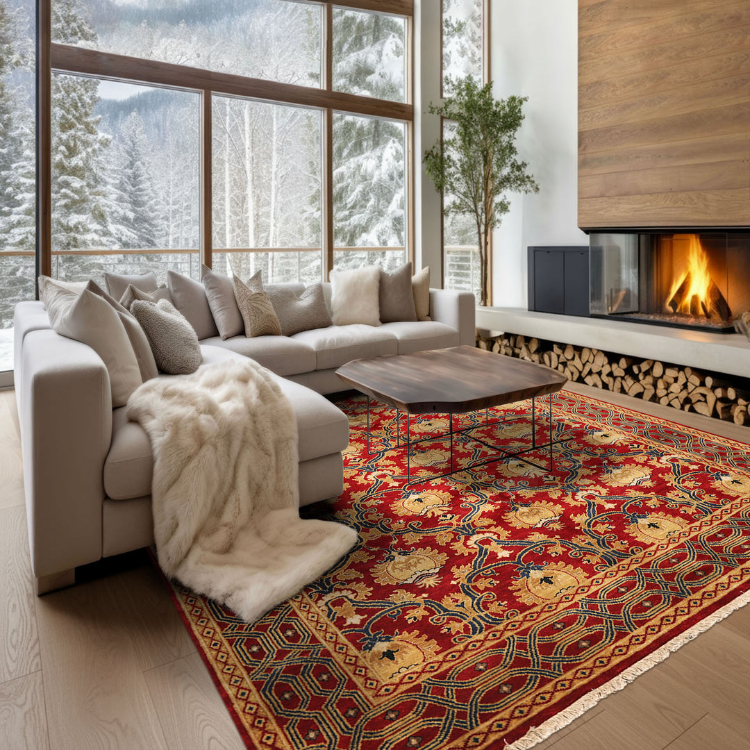 8x10 Red, Gold, Navy Color Hand Knotted Agra Wool Traditional Oriental Rug