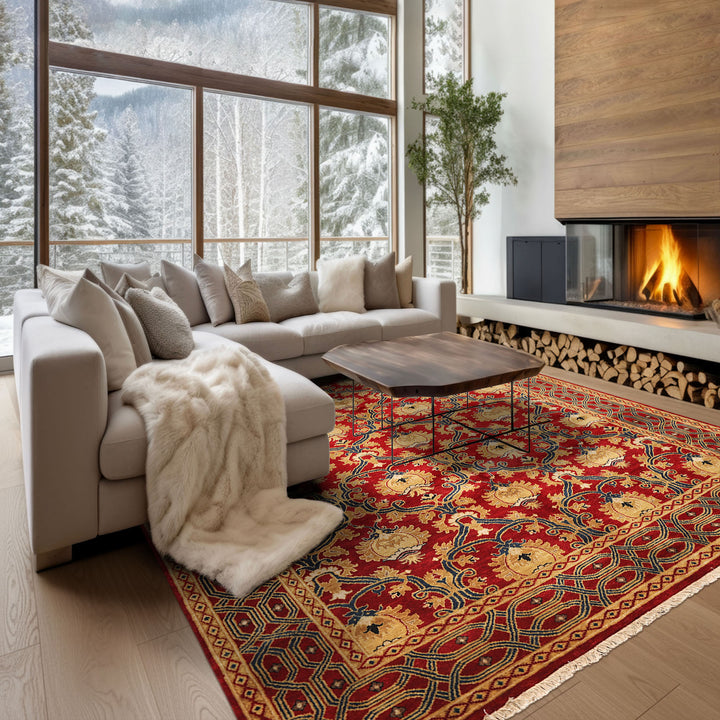 8x10 Red, Gold, Navy Color Hand Knotted Agra Wool Traditional Oriental Rug