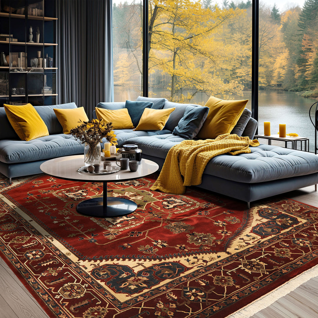 8x10 Rust, Maroon, Ivory Color Hand Knotted Indo Heriz Wool Traditional Oriental Rug