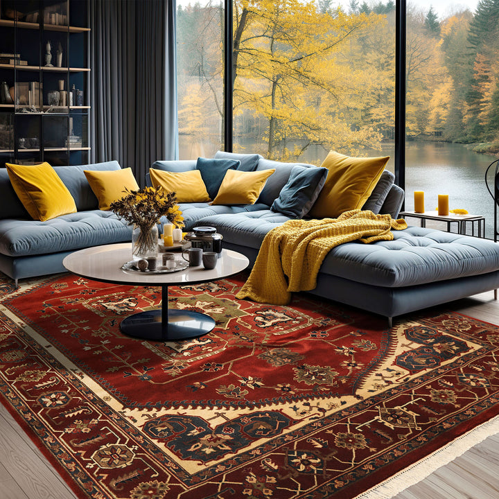 8x10 Rust, Maroon, Ivory Color Hand Knotted Indo Heriz Wool Traditional Oriental Rug