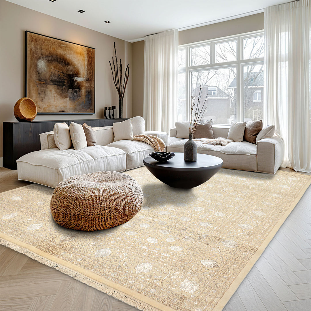 8x10 Ivory, Tan, Color Hand Knotted Tibetan Wool &amp; Bamboo Silk Traditional Oriental Rug