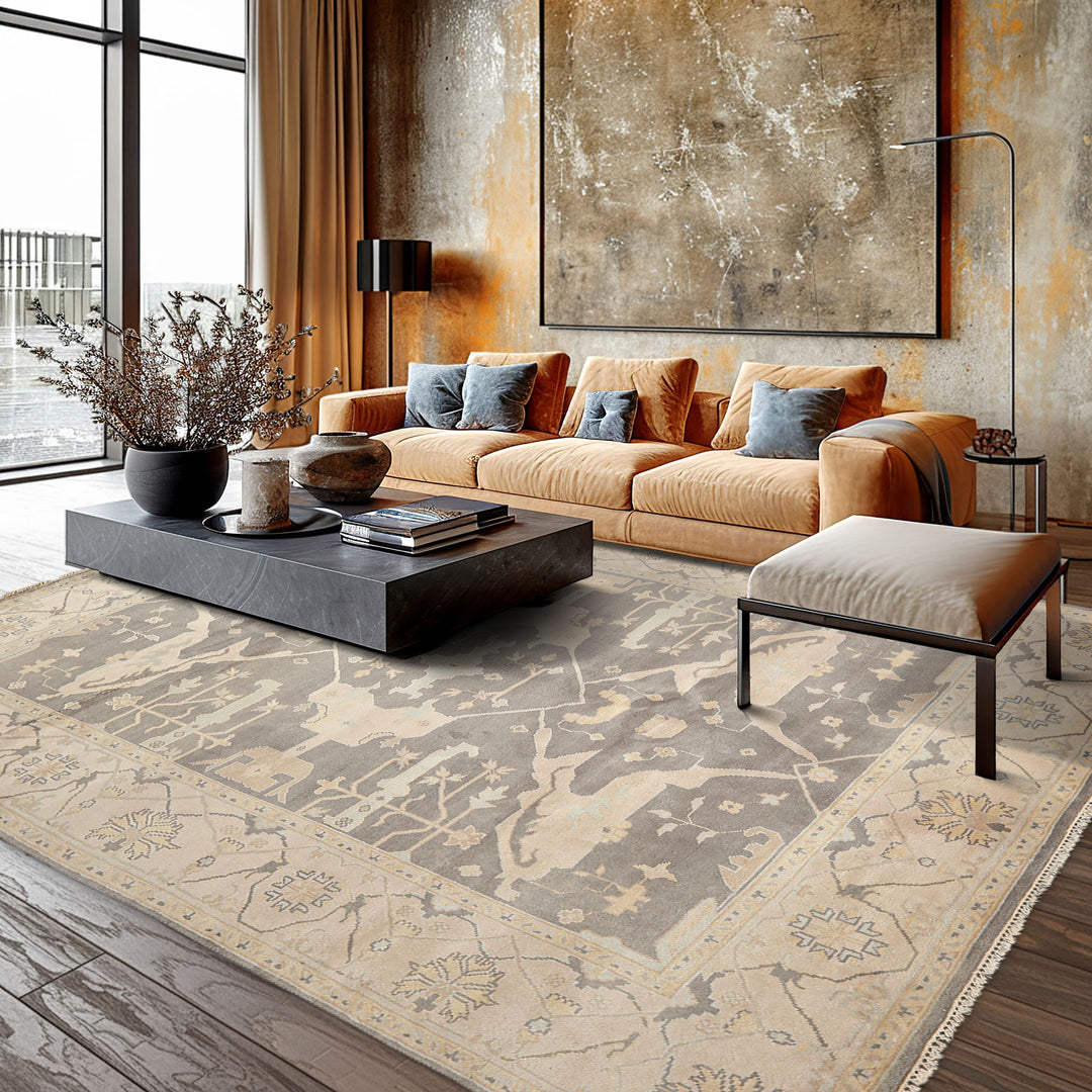 8x10 Gray, Ivory, Light Gold Color Hand Knotted Oushak Wool Traditional Oriental Rug