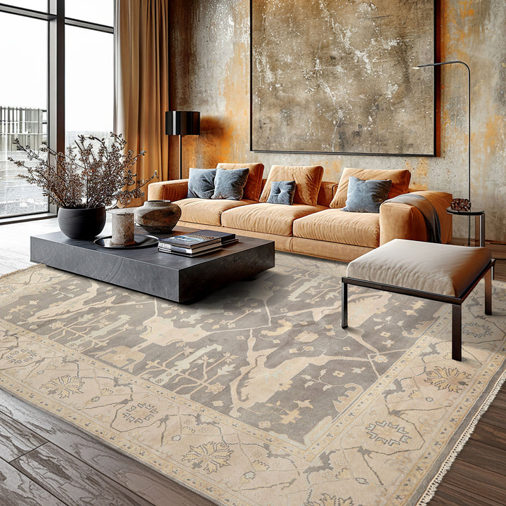8x10 Gray, Ivory, Light Gold Color Hand Knotted Oushak Wool Traditional Oriental Rug