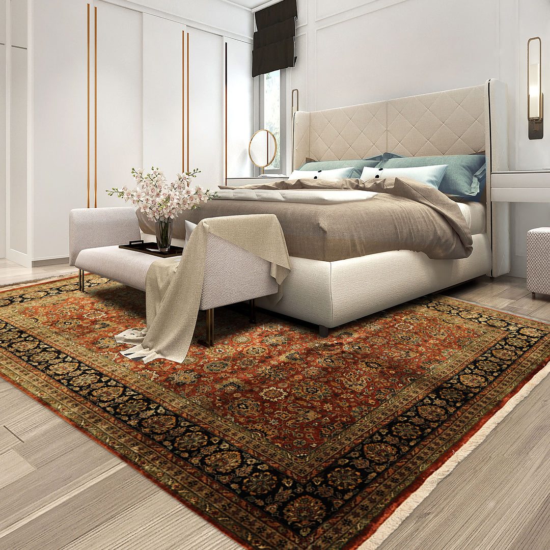 8x10 Rust, Black, Sage Color Hand Knotted Sarouk New Zealand Wool Traditional Oriental Rug