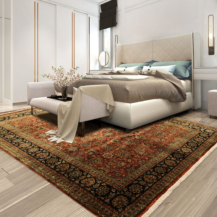 8x10 Rust, Black, Sage Color Hand Knotted Sarouk New Zealand Wool Traditional Oriental Rug