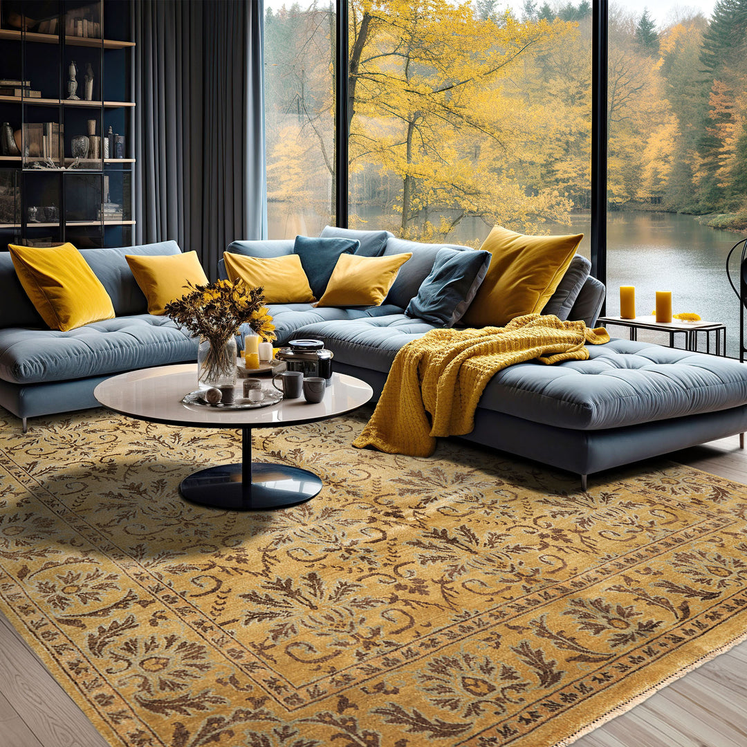 8x10 Gold, Brown, Aqua Color Hand Knotted Oushak Wool Transitional Oriental Rug