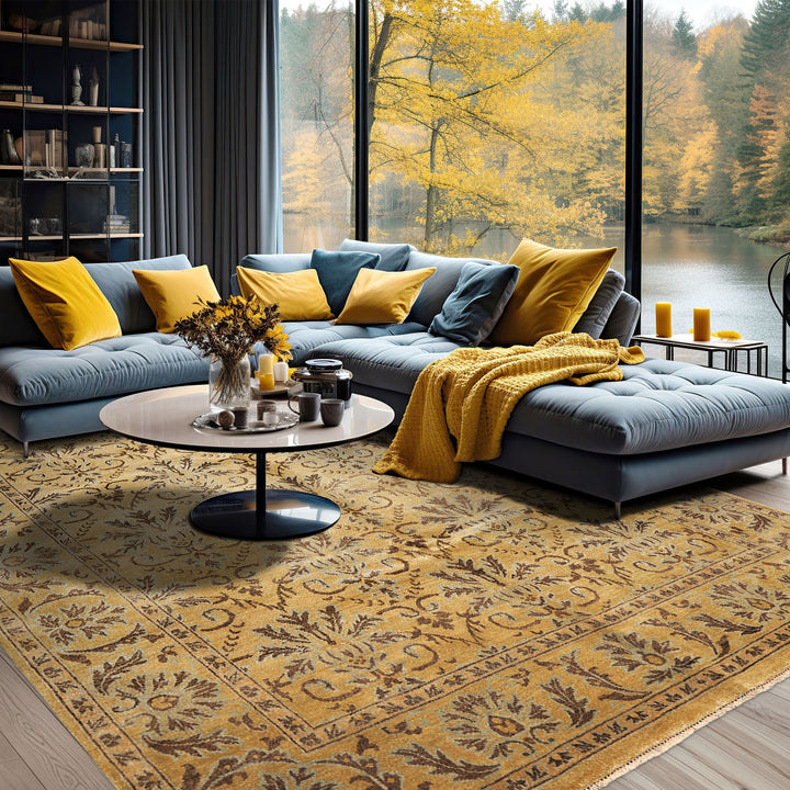 8x10 Gold, Brown, Aqua Color Hand Knotted Oushak Wool Transitional Oriental Rug